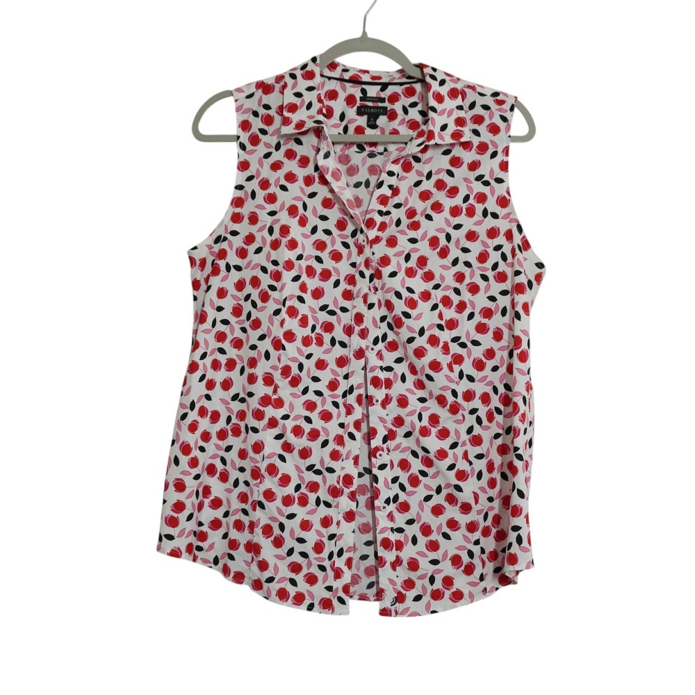 Talbots Size 12 Non-Iron Sleeveless Button Down Shirt Tulip Floral Red Pink